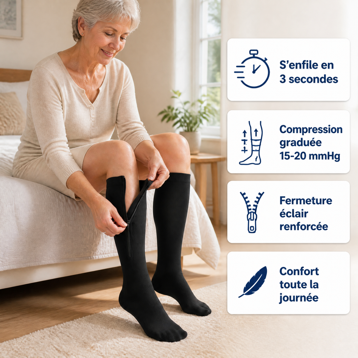 Bas de Compression Zippés – Jambes Légères et Confortables